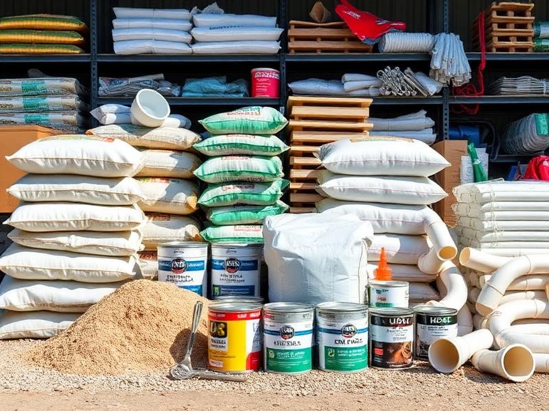 Cimento, areia, tintas e tubos de construção