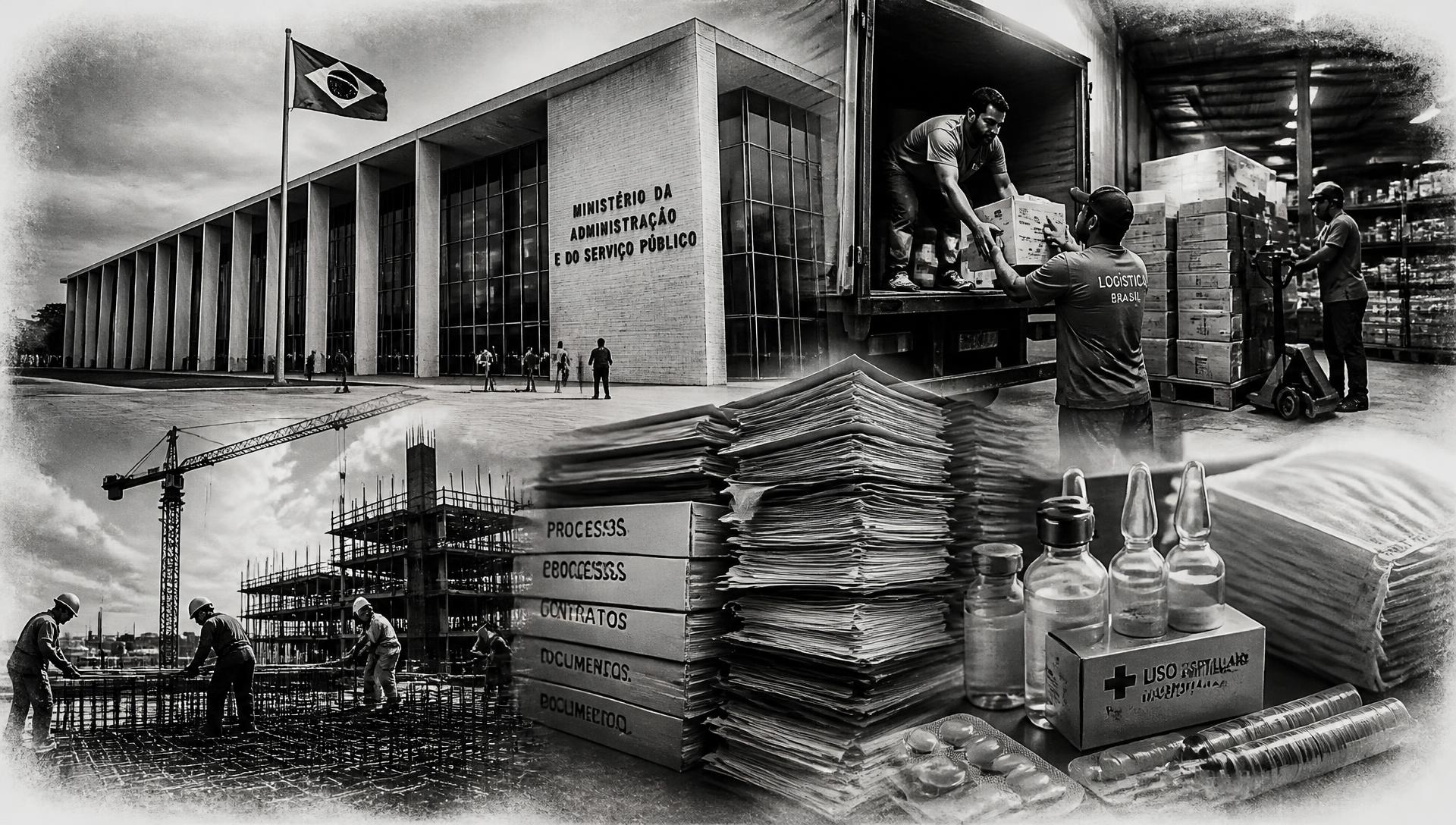 Montagem em preto e branco de prédio público, obras, documentos e suprimentos comprados pelo governo